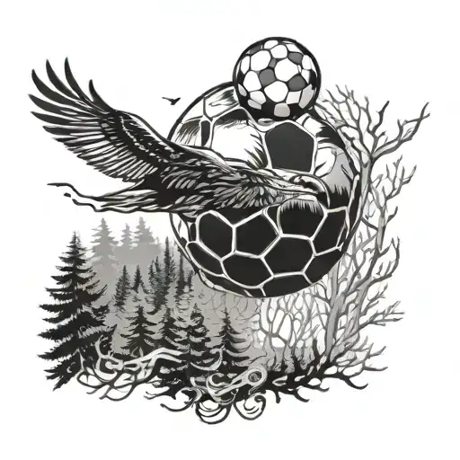 A Blackwork Tattoo Of A Soccer Ball Morphing Into A Bird Flying Through A Forest Landscape