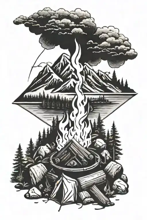 Campfire Surrounded By Forest And Mountains