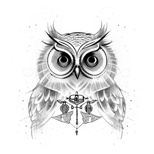 A Tattoo Design Showcasing An Owl Wearing A Revolver As A Necklace