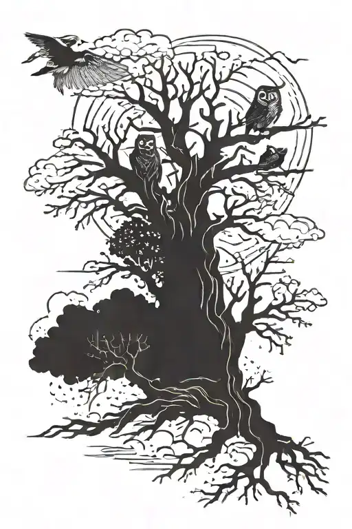 A Huge Lightning Getting Out Of Clouds And Hitting A Tree With An Owls