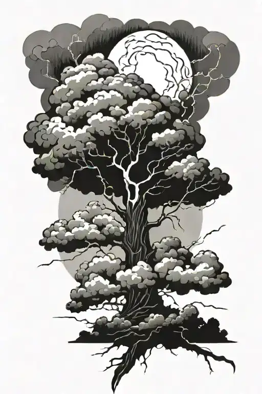 A Huge Lightning Getting Out Of Clouds And Hitting A Big Tree