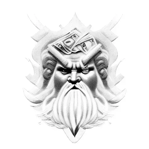 Angry Zeus Coming Out Of A Cloud Holding Money