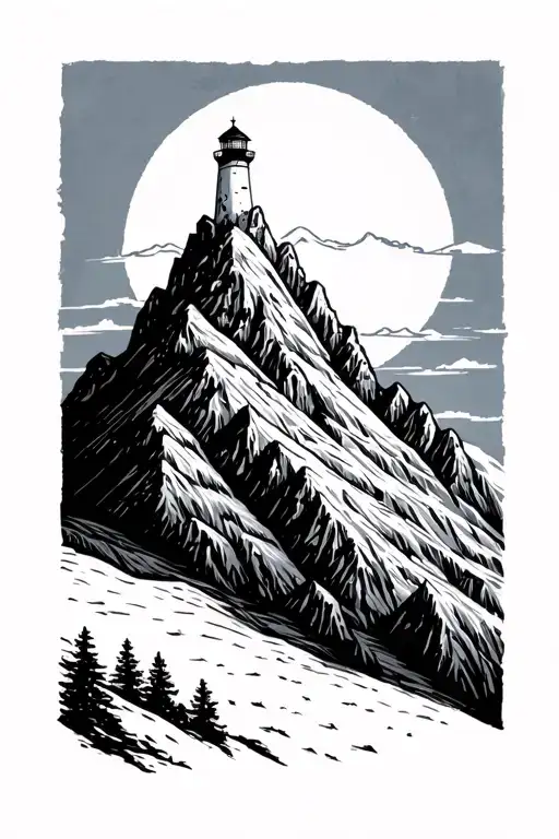 A Geometric Mountain Range With A Lighthouse Shining On The Highest Peak
