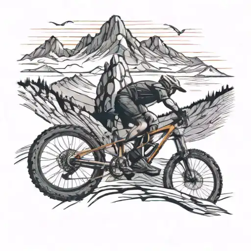 A Stylized Design Of A Mountain Biker Riding Along A Rocky Trail With A Backdrop Of Towering Peaks