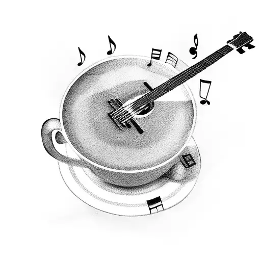A Guitar And A Coffee Cup Intertwined With Musical Notes