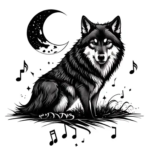 Musical Notes With Wolf And Moon