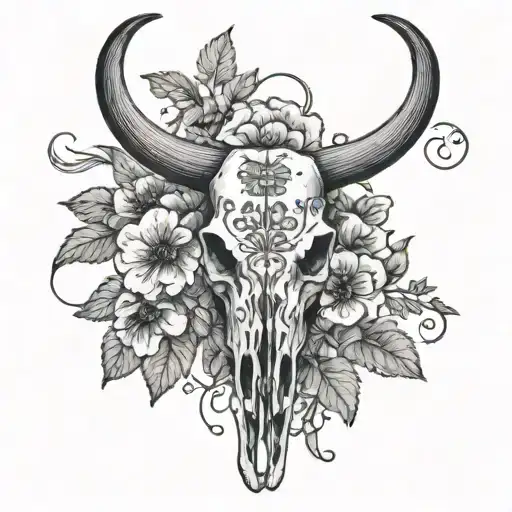 Longhorn Skull With Marigolds Morning Glory's Cosmos