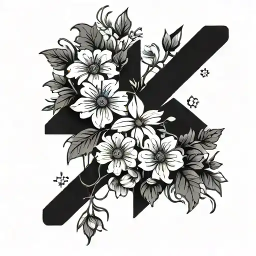 Simple Black Cross With Wild Flowers Growing