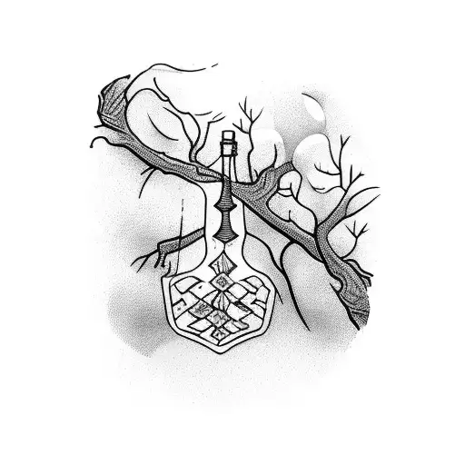 A Wine Bottle And Glass Intertwined With A Tree Branch