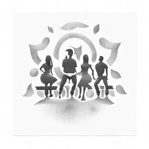 A Silhouette Of The Friends Cast Sitting On A Park Bench With Musical Notes Floating Around Them