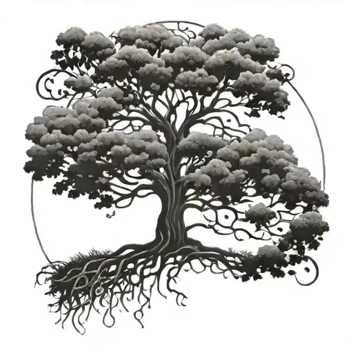 A Blackwork Tattoo Of A Majestic Tree With Roots Shaped Like The Outline Of Lithuania