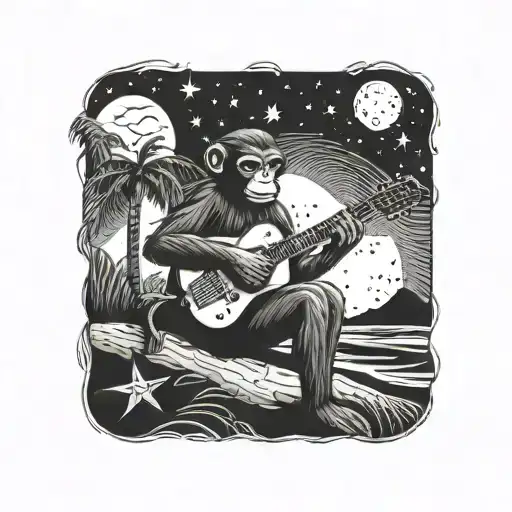 Tattoo Of A Monkey Playing A Guitar On The Beach At Night Under A Starry Sky