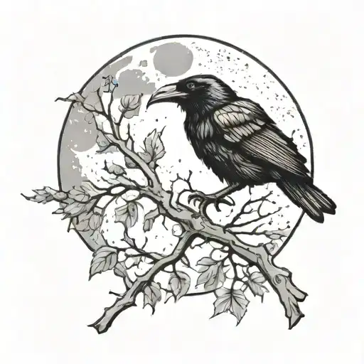 Raven On Branch With Moon And Smaller Ravens Flying In Background