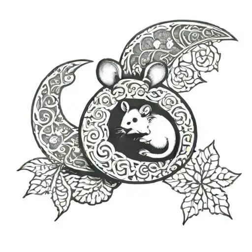Mouse And A Cookie Forming Crescent Chinese Paper Cutting