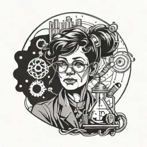 Portrait Of A Female Scientist Surrounded By Swirling Chemical Compounds