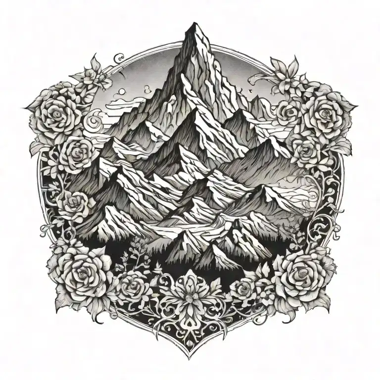 A Majestic Mountain Range With Intricate Floral Patterns Intertwined Within The Peaks