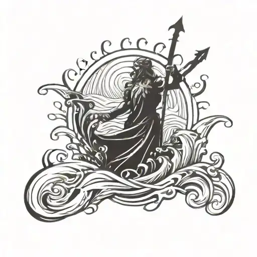 Poseidon Trident Surrounded By Water Waves