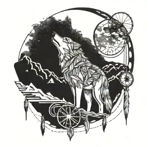 A Geometric Wolf Howling At The Moon With A Dreamcatcher Hanging From Its Tail