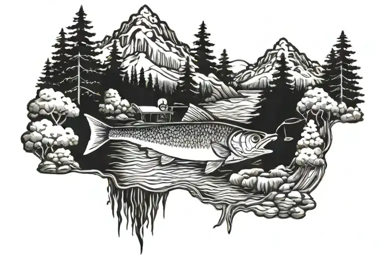 Fishing With Mountains And Trees