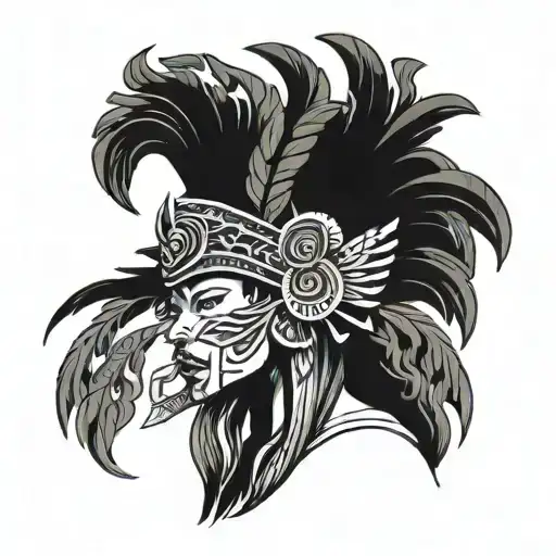 Quetzalcoatl Headdress On Japanese Warrior Woman Posing