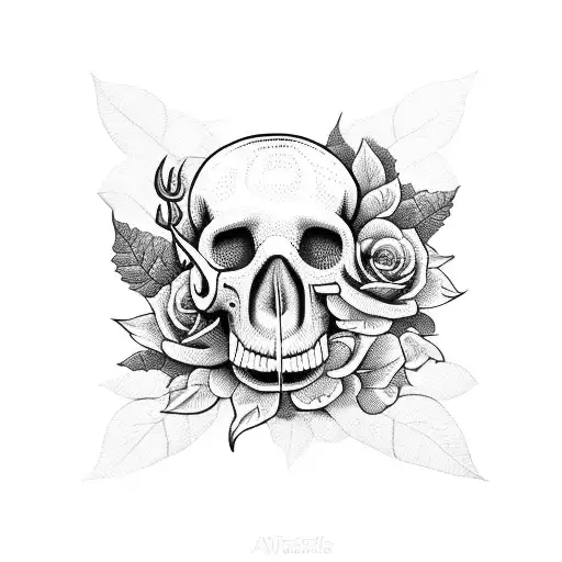 Flowers With Leave And A Snake Through A Skull