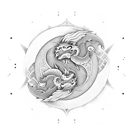 Dragon With Ying Yang And Waves