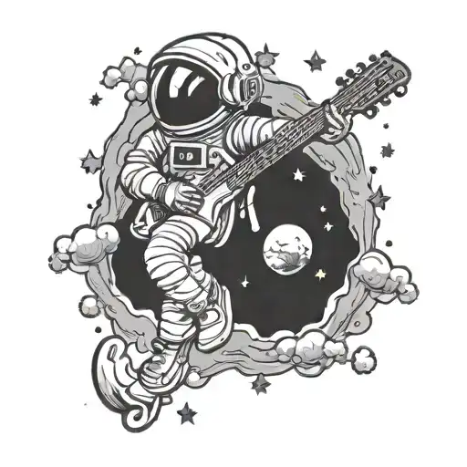 Mini Kid Astronaut Falling In Space Holding A Guitar