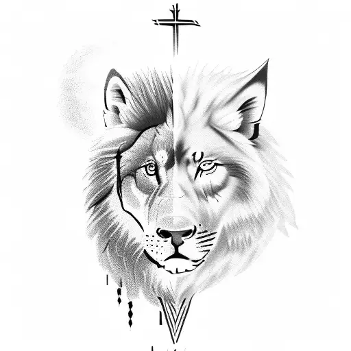 Christian Cross With Half Wolf Head And Half Lion Head