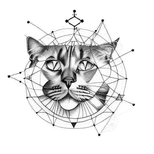 A Blackwork Tattoo Of A Constellation Map With A Cat Silhouette Overlay
