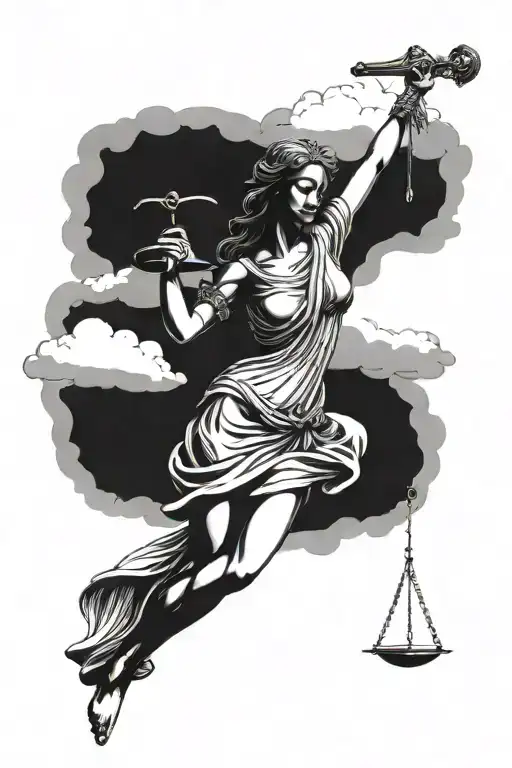 Lady Justice With Sword And Scale With Clouds Behind