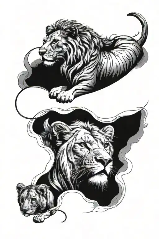 Music Stave Flowing Around A Female Lion And Her 3 Cubs