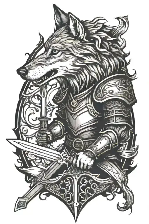 Wolf And A Knight Holding A Sword
