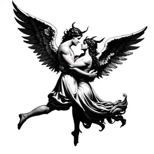 An Angel And Devil Hugging In The Air