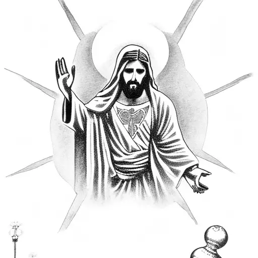 Jesus In The Back And Santa Muerte In The Front Reaching Out His Hand