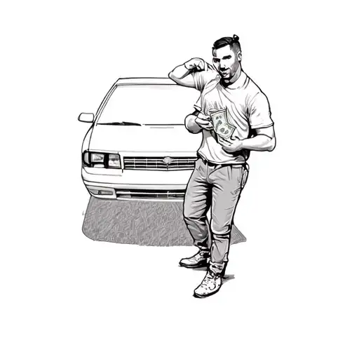 A Man Holding Money In Front Of A Car