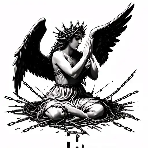 Angel Praying With A Crown Of Thorns Chains Wrapped Breaking And Bursting