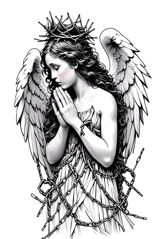 Angel Praying With A Crown Of Thorns Chains Wrapped Breaking And Bursting