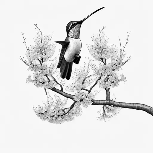 A Realistic Hummingbird Perched On A Delicate Branch Of Cherry Blossoms