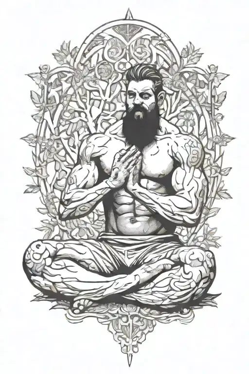 A Dotwork Tattoo Of A Bodybuilder Meditating In A Serene Forest Surrounded By Ancient Warriors