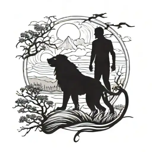 Family Silhouette Walking Through Wilderness With Lion Overlooking