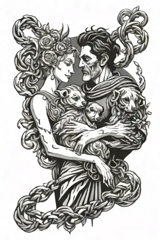 Hades And Persephone Holding 3 Head Dog Kerber On Chain