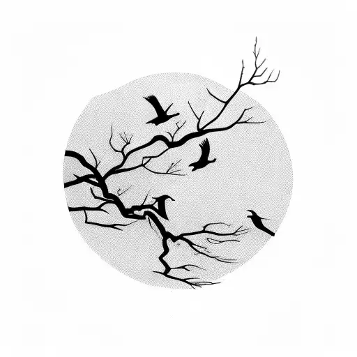 4 Bird Silhouettes On A Branch With One Bird Flying Away In The Distance