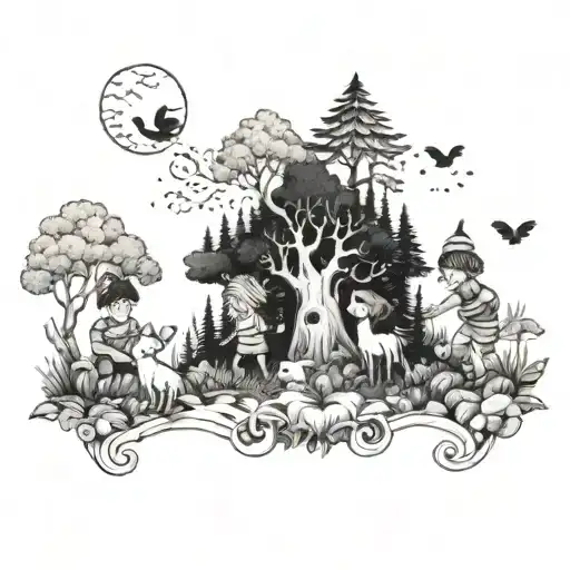 A Whimsical Design Featuring Children Playing With Animals In A Magical Forest Setting
