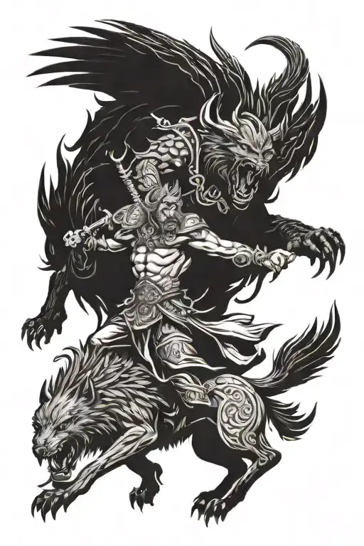 Fenrir Fighting Odin With Ravens With Helm Of Awe