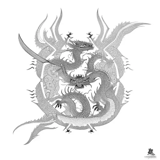 Samurai Battling A Dragon In Tribal Style