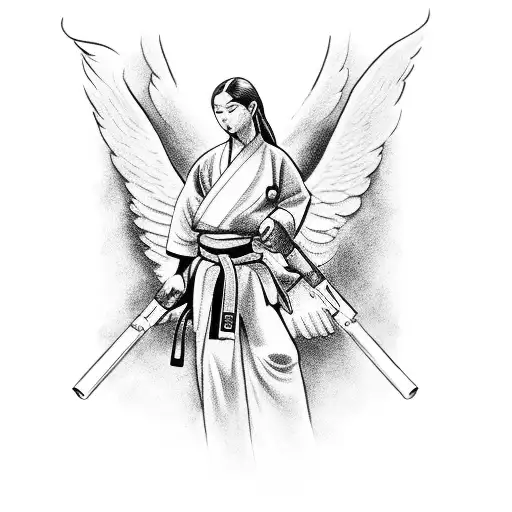 An Angelic Figure Practicing Martial Arts With A Gun In Hand