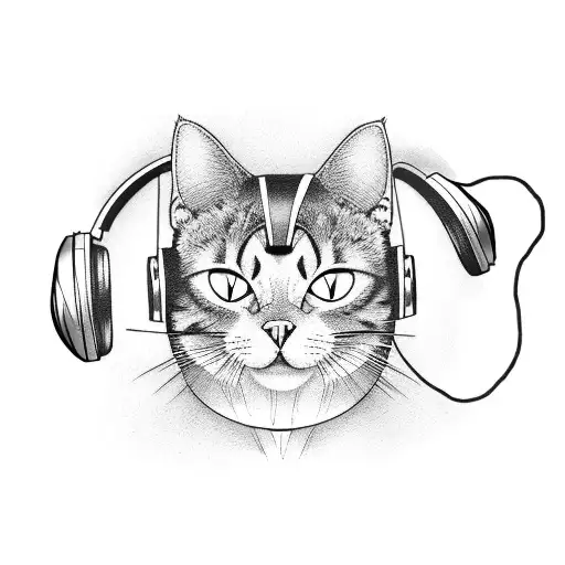 A Blackwork Tattoo Of A Cat Wearing Headphones And Djing