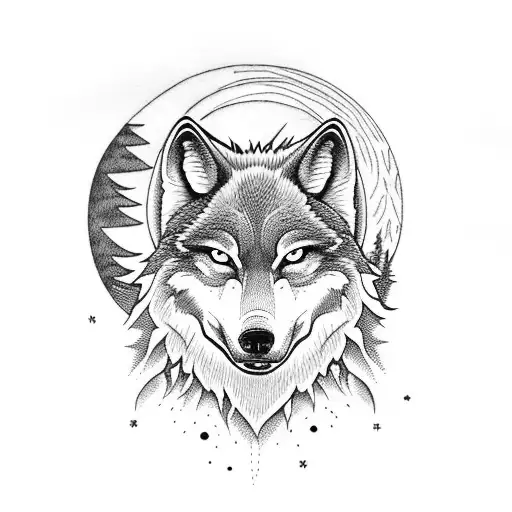 A Wolf Head Howling At The Moon Surrounded By Water And Trees