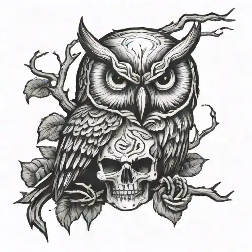 Angry Owl Perched On Skull