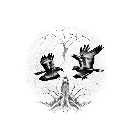 Two Crows Flying From The Tree Of Life
